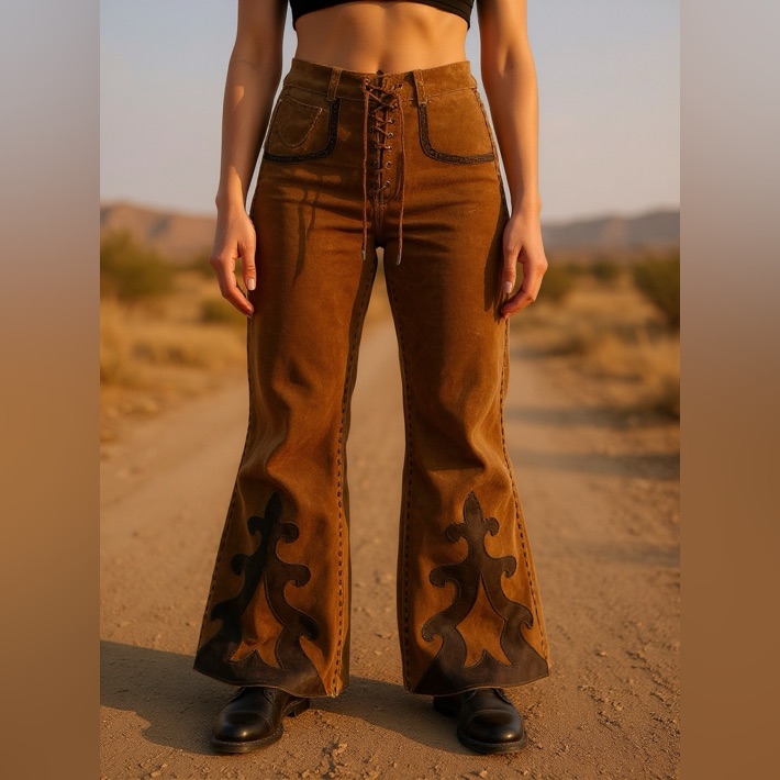 Rare Vintage 1960s Suede Leather Bell Bottom Pants W/ Lace-Up Front & Appliqu